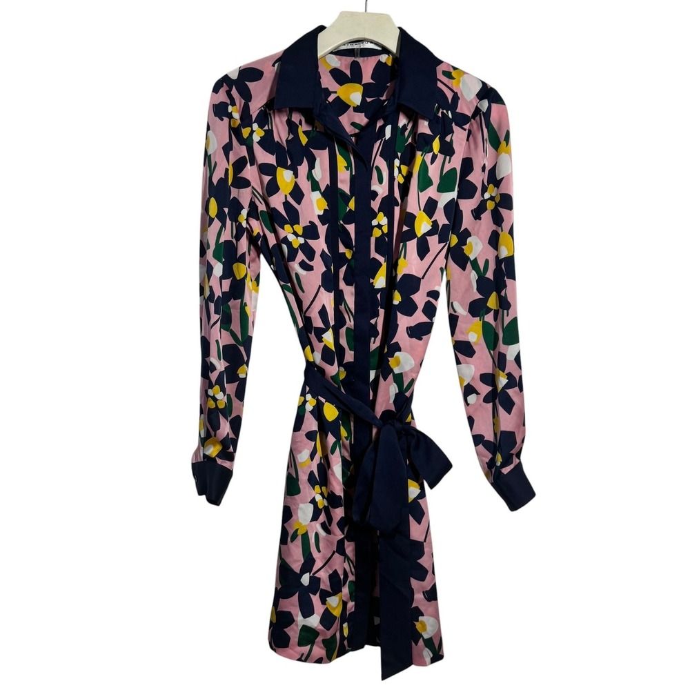 Trina Turk Pink Navy Floral Long Sleeve Shirt Dress Belted Women 2 Preppy Office